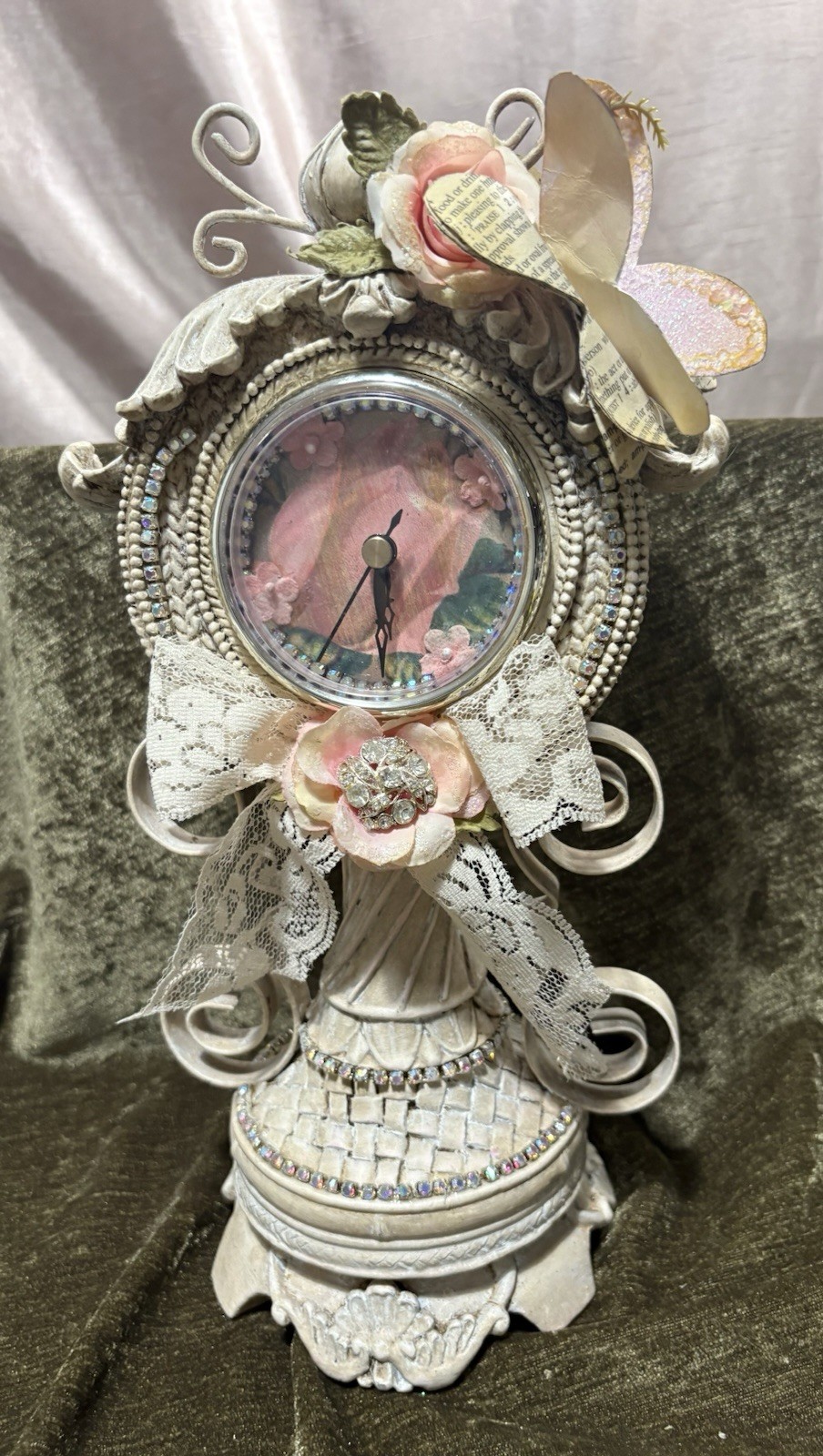Handmade Fairy Core Shelf Clock Whimsical Butterfly Floral Upcycled Unique