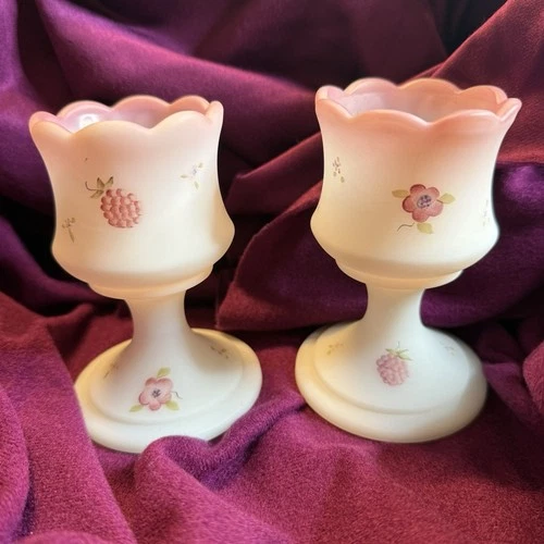 2 Fenton Votive Candle Holders White Satin Berries Blossoms Hand Painted Signed
