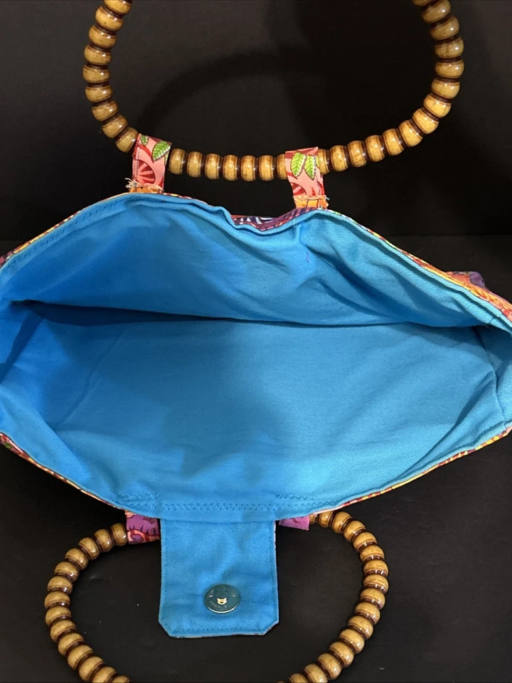 Vintage Elephant Print Folding Tote Handbag wooden like handle HandMade 14" x 9" - Image 2 of 3