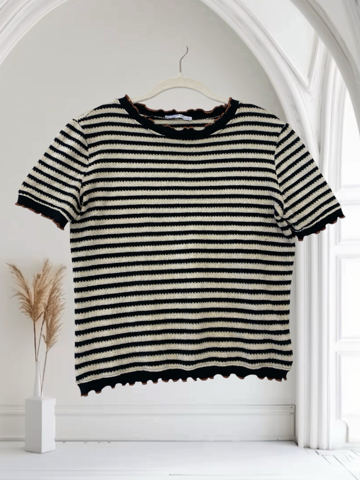 Zara Black Stripe Short Sleeve Chenille Sweater Women’s Medium Cozy Boho Chic