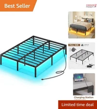 Metal Full Bed Frame with USB Charging LED Lights Under-Bed Storage 14 Inches