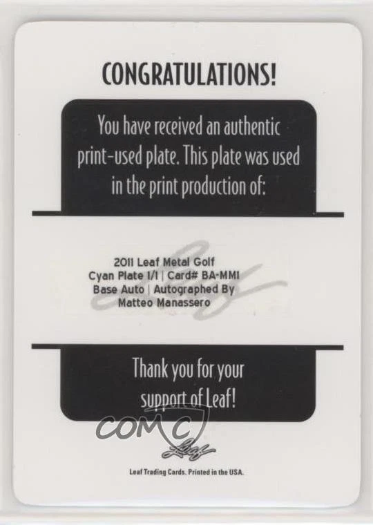 2011 Leaf Metal Auto Printing Plate Cyan 1/1 Matteo Manassero #BA-MM1 s7f - Image 2 of 3