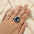 Glamorous Vivid Blue Sapphire Oval 13.17Ct 925 Sterling Silver White Gold Rings