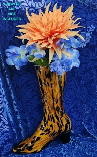 GORGEOUS Vintage 60's 70's MURANO 12.5" ART GLASS VASE Leopard Print BOOT GIFT