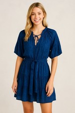 NWT Current Air Mini Dress S Elastic Waist Belt Tiered Ruffle Navy Black Pleats