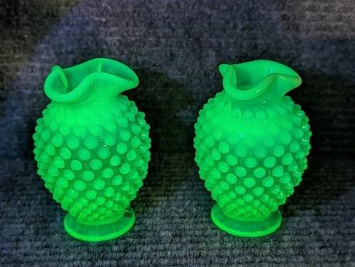 TWO VTG Fenton Hobnail Green Opalescent Uranium Glass Vase  3”