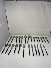VINTAGE MCM INTERPUR INR2 STAINLESS FLATWARE WOOD TONE HANDLE 26 PCS