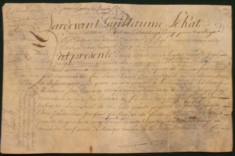Original 1772 French Manuscript Document on Vellum Notarized by Guillaume Lerat.