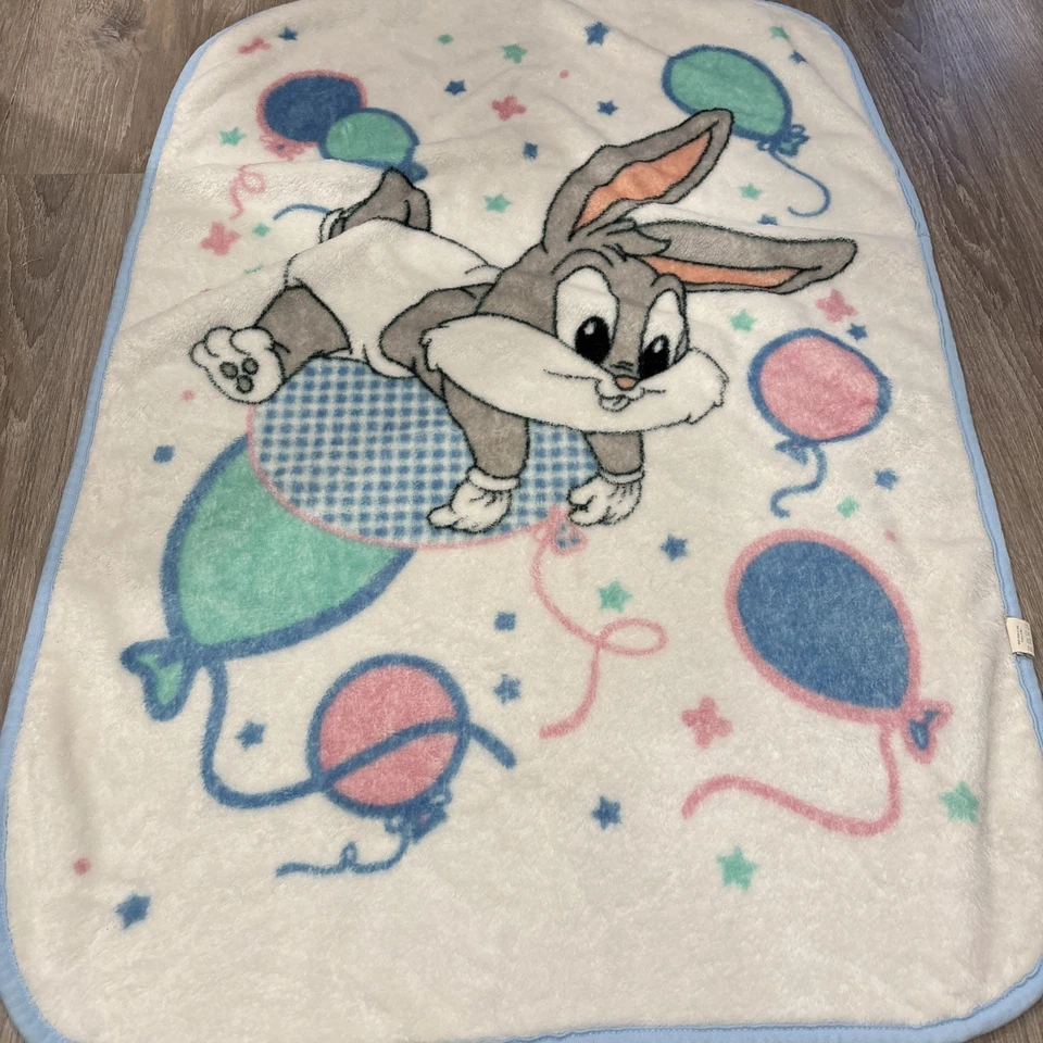 Vintage 2000s Y2K Baby Looney Tunes Baby Blanket Crib Fleece Bugs Bunny Balloon  - Image 3 of 4
