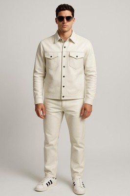 White Sheep Leather Shirt Jacket & Pants Set: Handmade Biker Streetwear