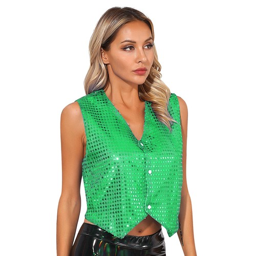Women's Shiny Sequin Vest Stylish Waistcoat Sleeveless Party Dance Costume - Picture 49 of 51