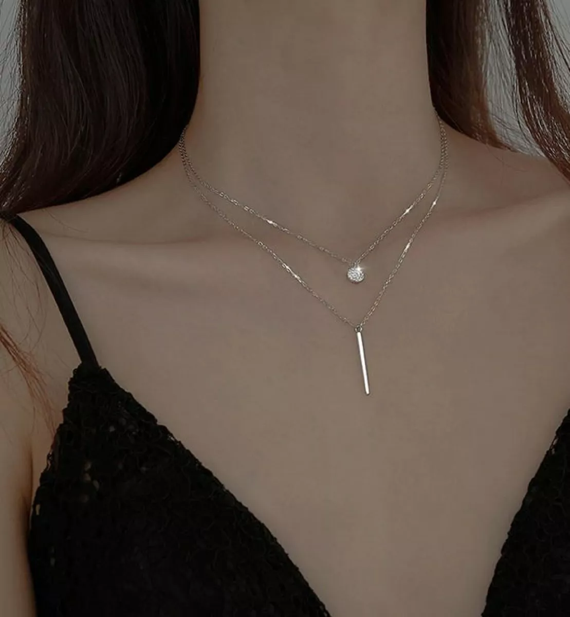Sterling Silver Necklace Double Layer Pendant Full Zirconia Long