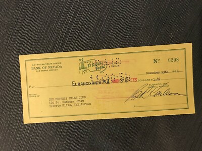 El Rancho Vegas Canceled Check To The Beverly Hills Club Beverly Hills Ca. 1954