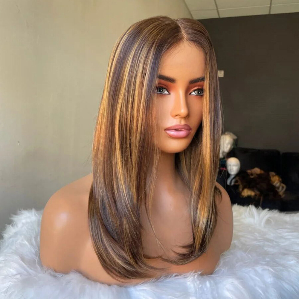 16Inch Human Hair Lace Front Wig Highlight Brown 4x4 Lace  display picture 1