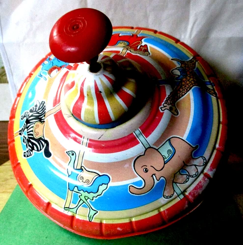 Toy Spinning top  Ohio Art  Metal Circus Jungle Animals Tin Toy