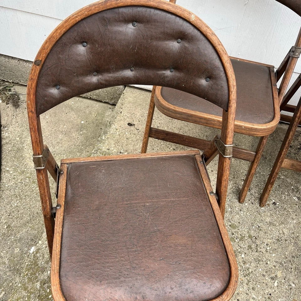 4 Antique Bentwood Wood Folding Chair Brown Vinyl Padded Seat Art Deco 1930s - Image 2 of 4