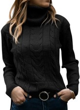 Image of Women's Turtleneck Cable Knit Loose Chunky Jumper – Black M