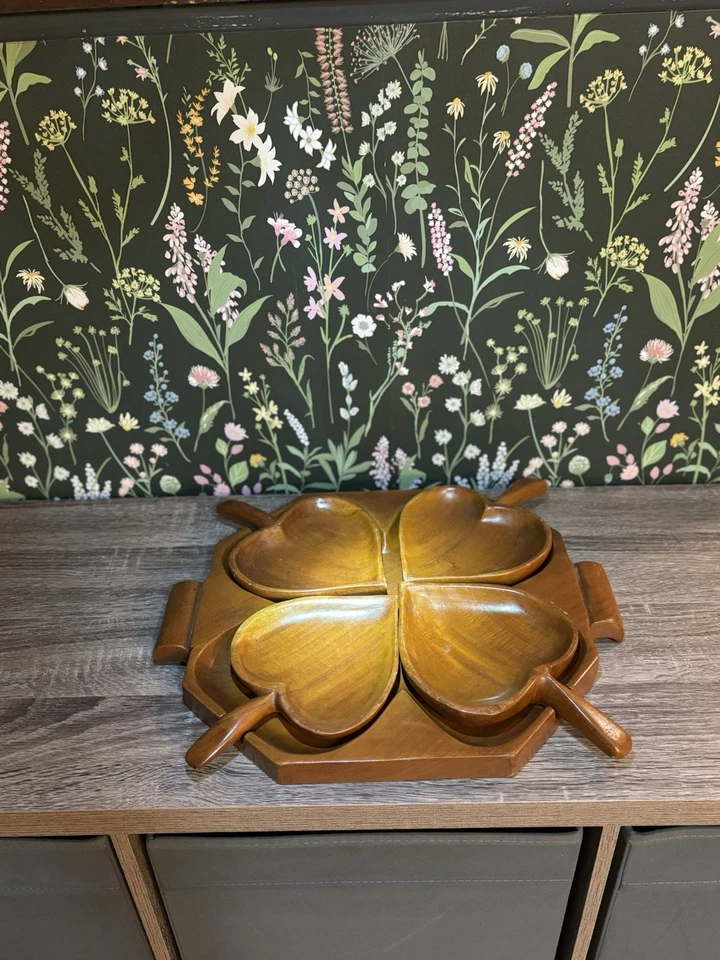 1970s MCM Rare Monkey Pod set of Heart shaped wooden snack bowls on wooden tray