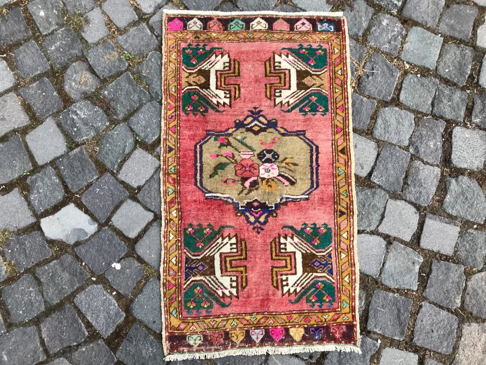 土耳其复古小地毯手工羊毛波西米亚浴垫地毯 1,6 x 2,8 英尺 — 第 3/4 张图片