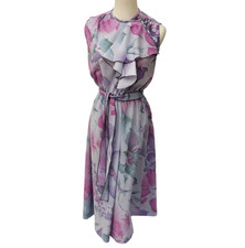 Vintage 70s Princeton Purple & Blue Floral Sleeveless Ruffle High Neck Dress 10