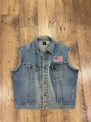 Vintage Lee Denim Vest Blue Sanforized Union Made USA Trucker 80 s Harley Patch