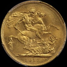 1913 Sydney George V Large Head Sovereign Uncirculated (PCGS MS62)