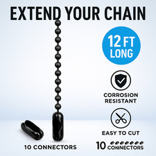 Ceiling Fan Pull Chain Extender 12ft Black 3mm Beaded Ball Chain 10Pk Connector