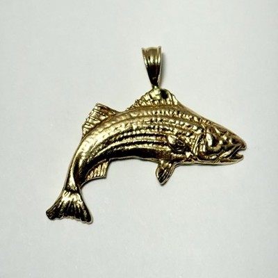 10K Gelbgold springender gestreifter Barsch Fisch 33mm Anhänger 5,7g