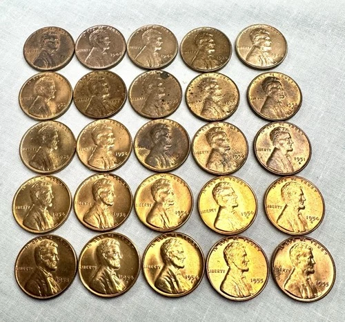 Lincoln Wheat Cent Uncirculated/Circulated Copper Lot:25 RB RD BN 1948-58 P D S