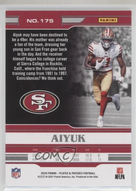 2020 Panini Plates & Patches Rookies /99 Brandon Aiyuk #175 Rookie RC - Image 2 of 2