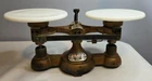 Vintage Ohaus Cast Iron Balance Scale with Milk Glass Trays