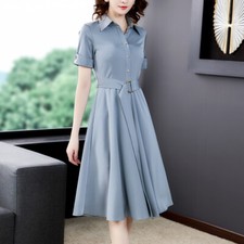 Lady Satin Shirt Dress Swing Tie Waist Short Sleeve Button Down Party Work