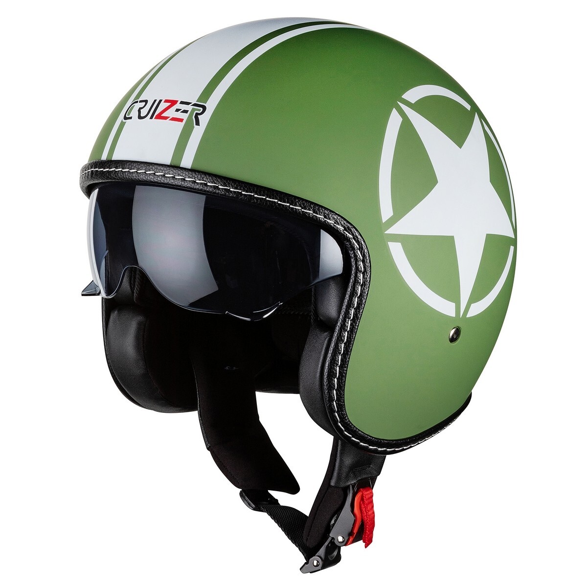 Casco moto Demi Jet Custom Scooter Omologato Verde Stella Bandit visiera sole a