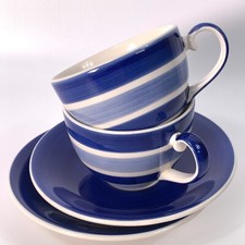 Whittard Blue White Stripe Cup & Saucer x 2 Pair Chelsea Tea Clipper Handpainted