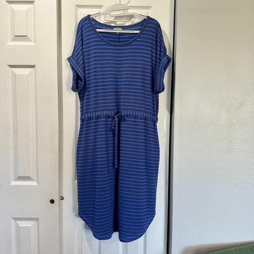 T By Talbots Tie Waist Midi Dress Size XL Blue Striped Drawstring Casual Staple