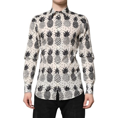 DOLCE & GABBANA Shirt White Pineapple Print Long Sleeves GOLD 39/US15.5/S 620usd