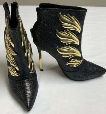 Privileged Evolve Black Vegan Snake Leather Metal Gold Wing Pointy High Booties