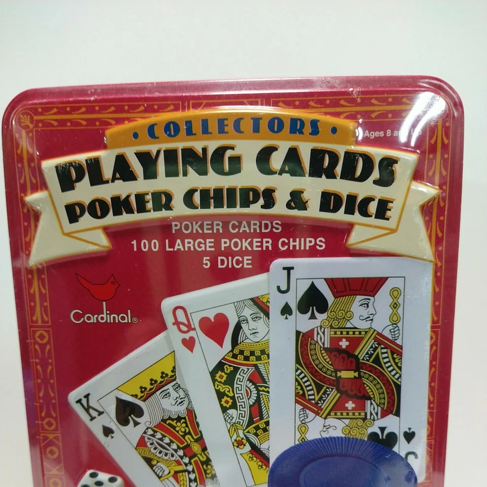 Vintage Cardinal Collectors Poker Set Playing Cards 100 Chips 5 Dice Tin Sealed - Image 2 of 4