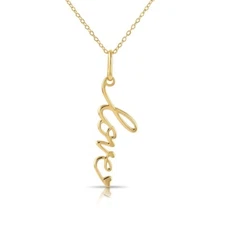 14K Real Solid Yellow Gold Dainty Love Script Pendant Charm Necklace 18 in