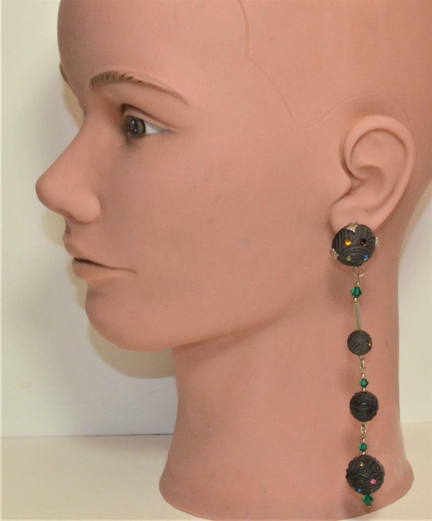 Dorado Vintage Colgante Negro Bola Multicolor Pedrería Pendientes Clip