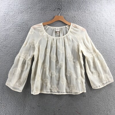 Knox Rose Beach Blouse Top Womens 1 White Beige Embroidered Lace Long Sleeve