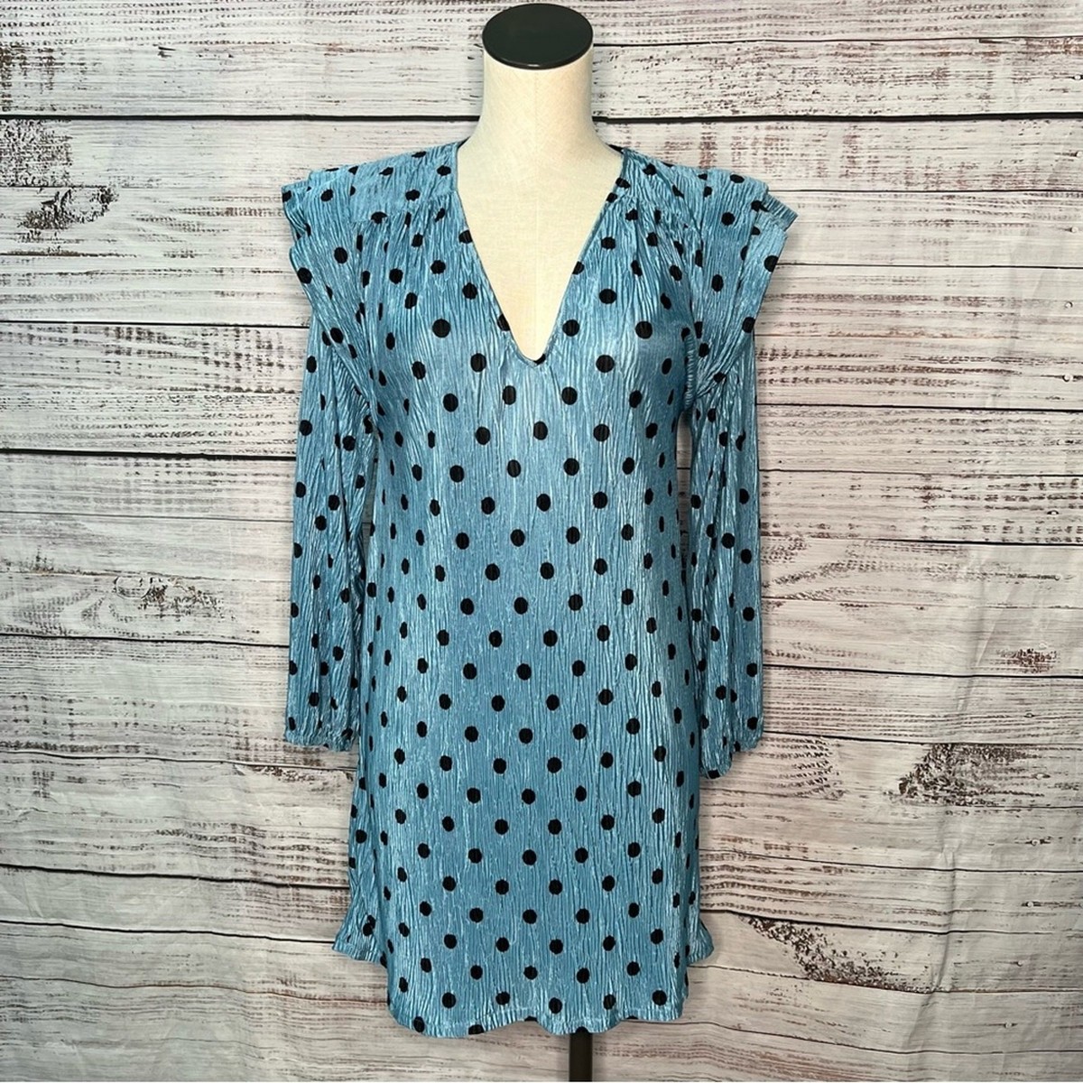 Zara Small Blue Polka Dot Mini Dress Big Shoulders Long Sleeve Plisse Derby | eBay Zara Small Blue Polka Dot Mini Dress Big Shoulders Long Sleeve Plisse Derby | eBay