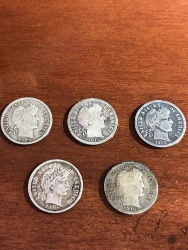 Lot of (5) U.S. Silver Barber Dimes - Circulated No Reserve! Silver is Hot!!!!