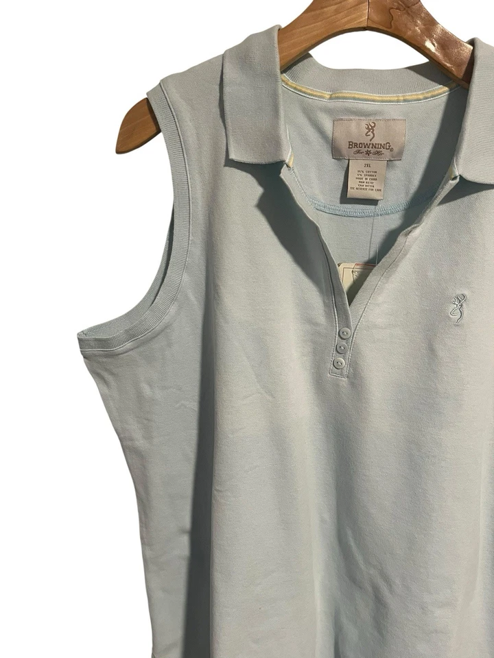 Camiseta regata feminina Browning sem mangas 2XL azul gola V gola alta com botão nova com etiquetas - Imagem 2 de 4