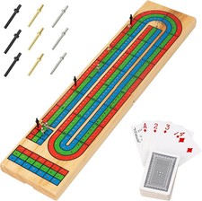 Traditional Wooden Cribbage Board Game Set, 3-Track Color Coded with Metal Pegs