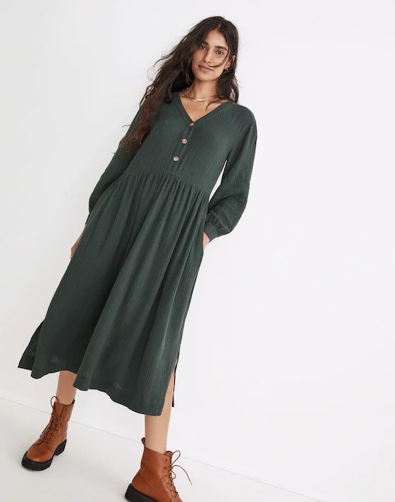 madewell gauze midi dress Madewell Dark Palm Gauze Cotton Button Front Midi Dress