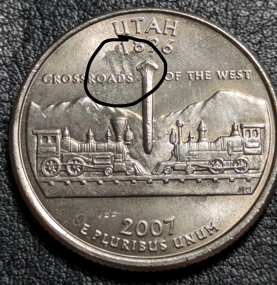 2007-P 25c Utah State Quarter Bu Mint Error Die Crack & Chip Error Uncirculated+ - Image 2 of 4