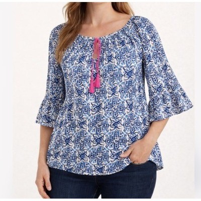 Milly Mosaic Tile Print Blouse Women L Blue Bell Sleeve Relaxed Breezy Boho Chic