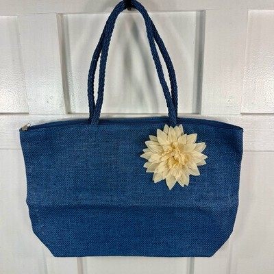 Boho Blue Jute Beach Tote Bag with Flower Accent Style & Co