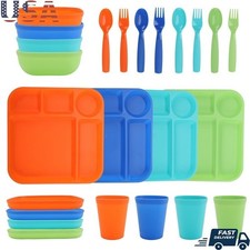 24-Piece Kids Dinnerware Set Plastic Plates Bowls Cups Forks Spoons BPA Free New